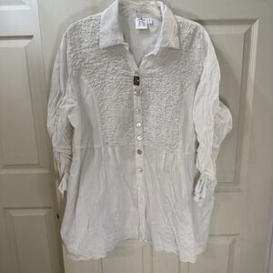Parsley & Sage Mixed Media White Cotton Tunic Top Button-Up Sz 3x #321E Boho
